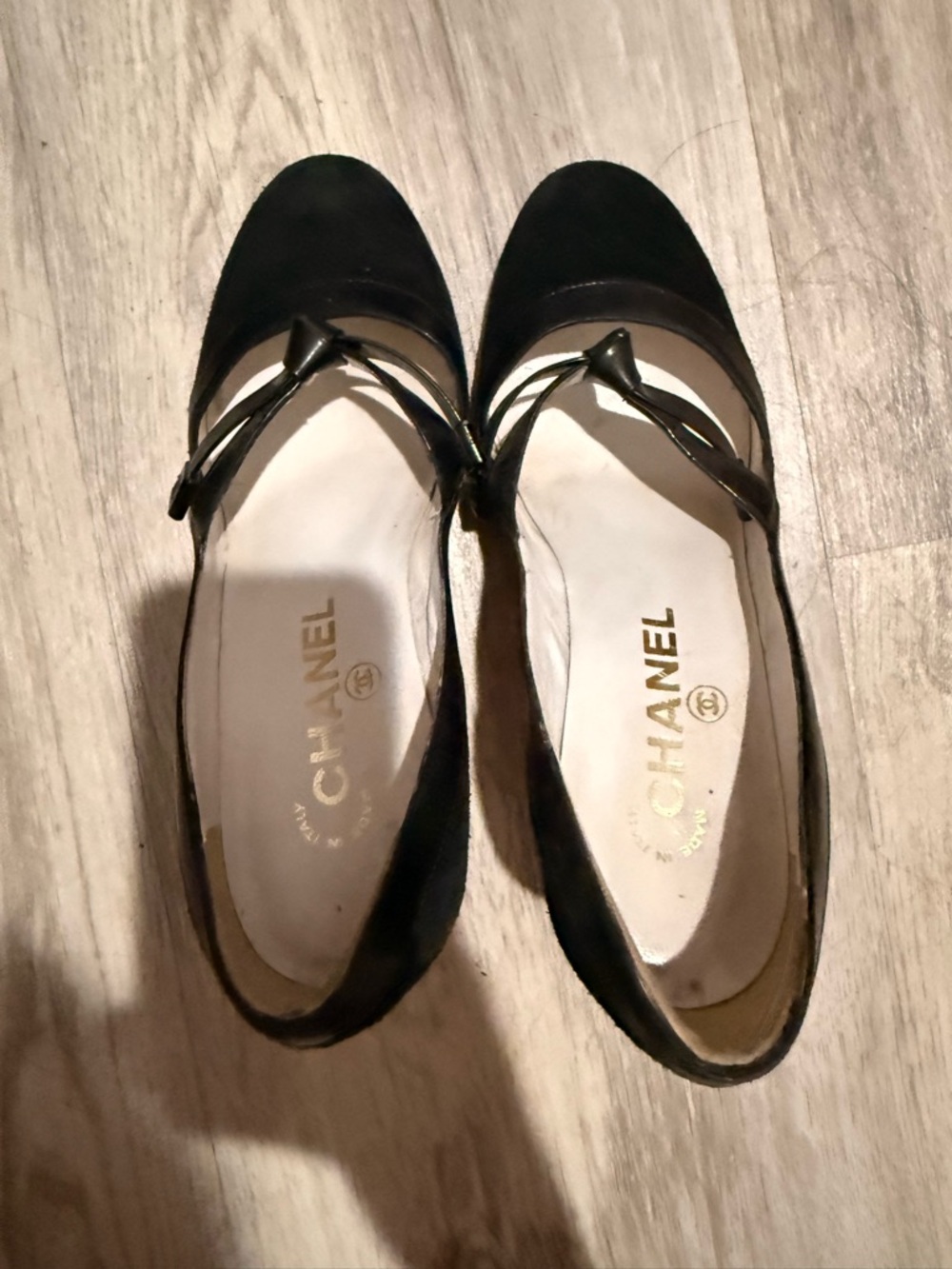 CHANEL Black Leather & Suede Mary Jane Flats with Patent Strap